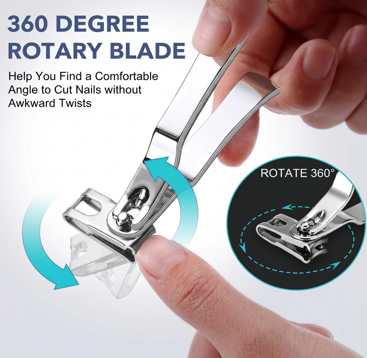 A close-up of the 360° rotating head clipper from the DRMODE 6-piece professional toenail clippers set for thick nails, showing how the swivel blade pivots a full 360° to follow the natural angle of the toenail.