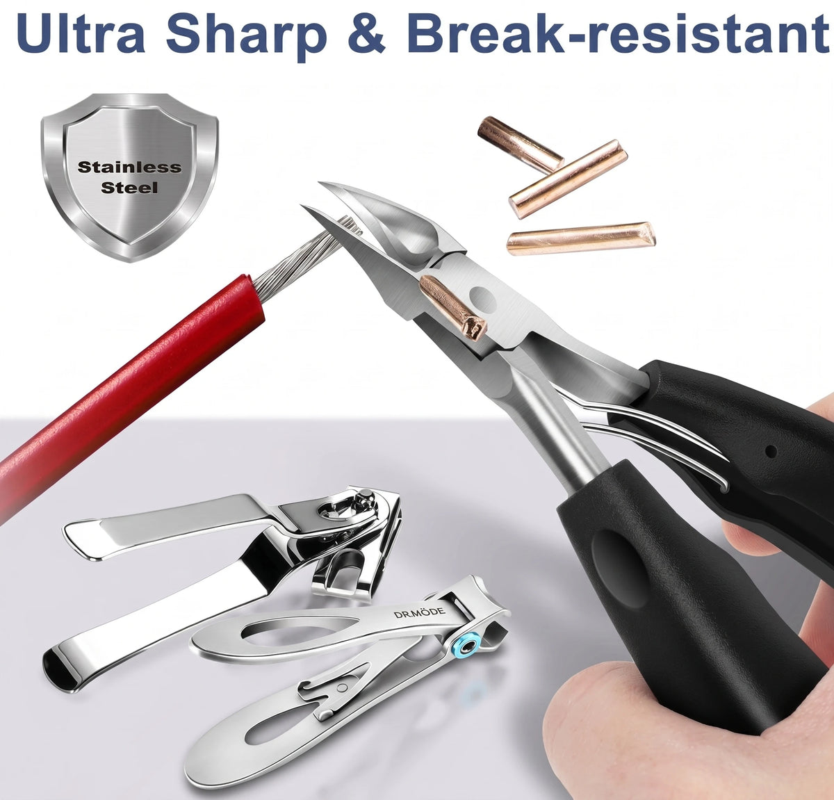 From the 6-piece professional set, this precision-ground clipper is built for thousands of clean, controlled cuts on thick, fungal, hardened, or toughened toenails without bending, dulling, chipping, or breaking — a clear step up from cheap drugstore clippers.