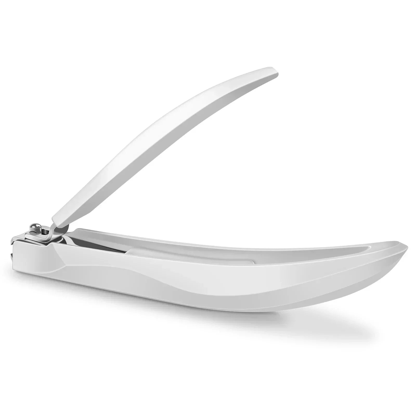 Ergonomic stainless steel nail clipper with sleek white handle on a white background