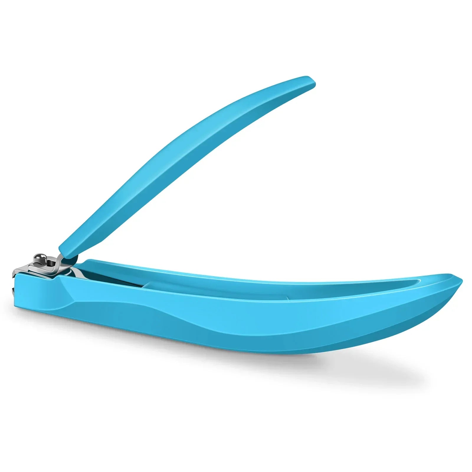 Blue ergonomic nail clipper with curved handle on white background, grooming tool