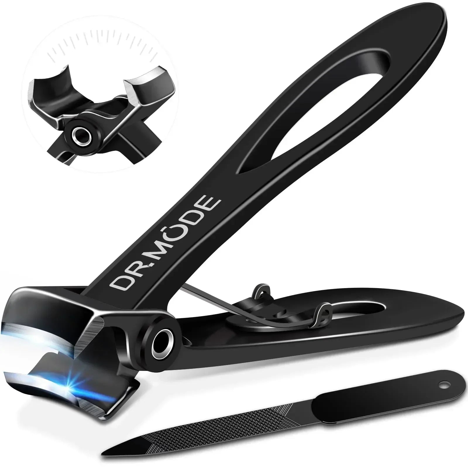 Black precision nail clipper with sharp curved blades and included nail file