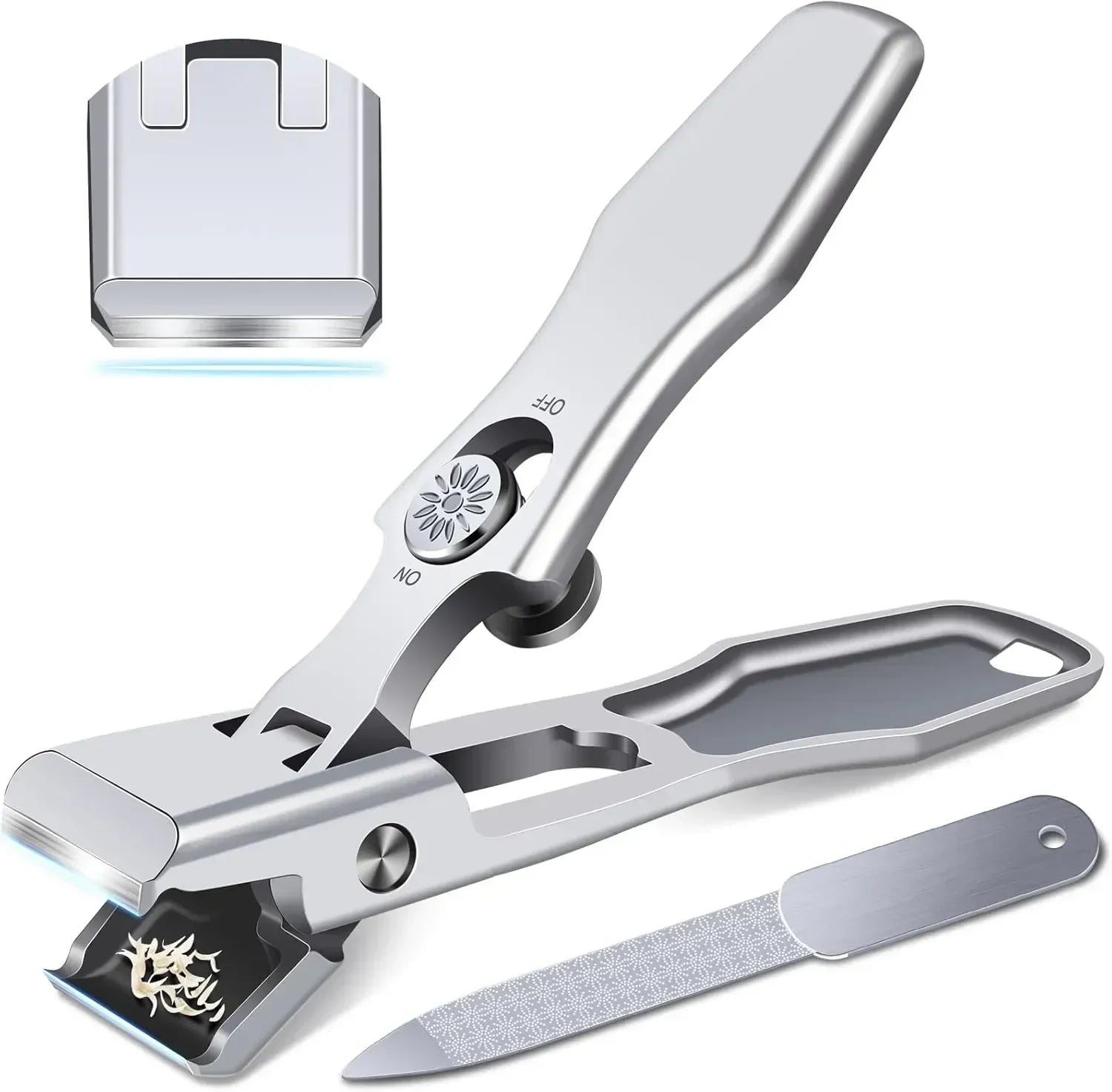 Stainless steel nail clippers with nail catcher and metal nail file on white background