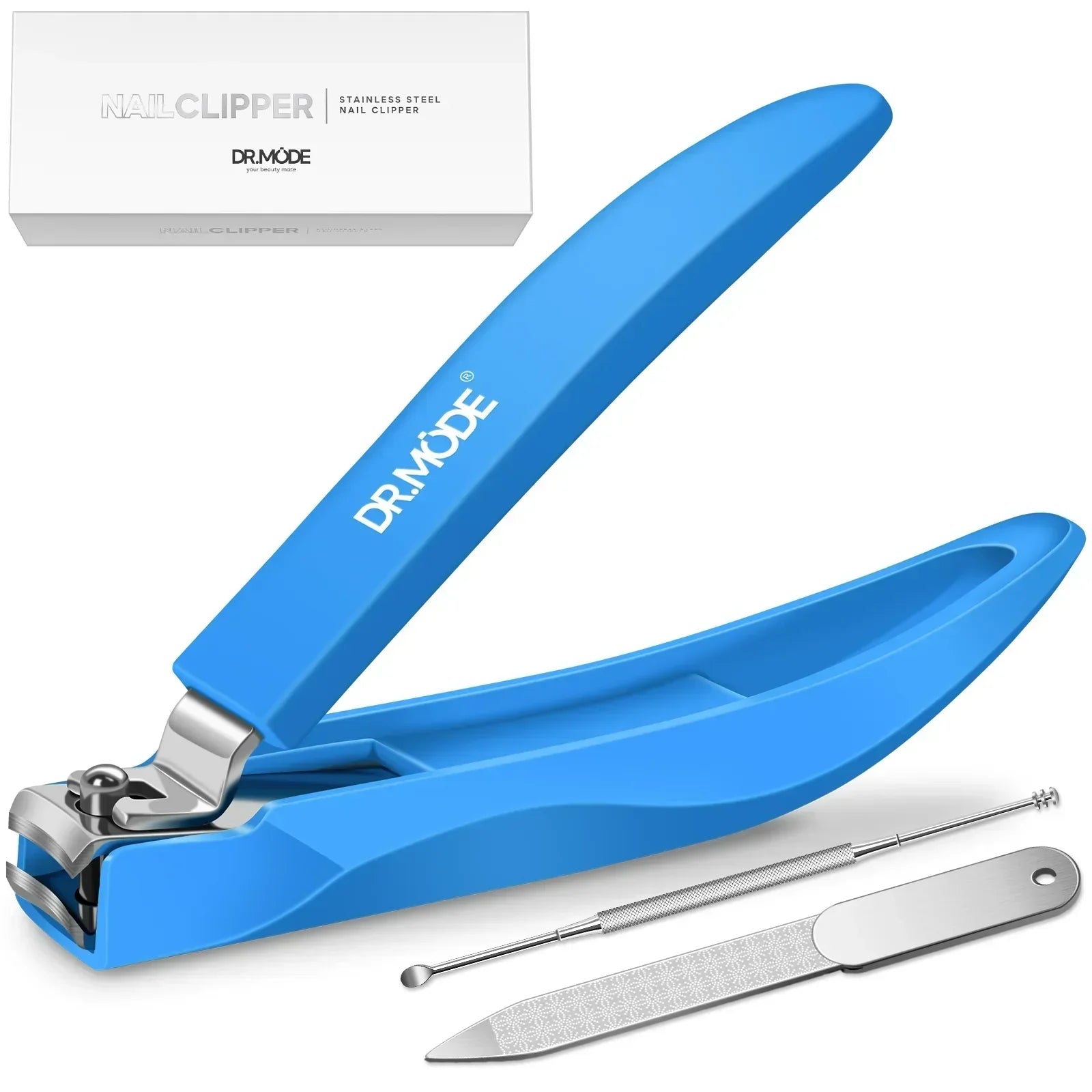 Blue nail clipper set with file, cuticle pusher, and packaging on white background