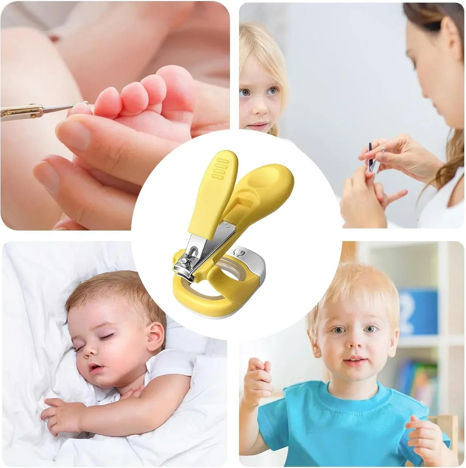 Yellow baby nail clippers with ergonomic handle, safe for infant and toddler grooming care.