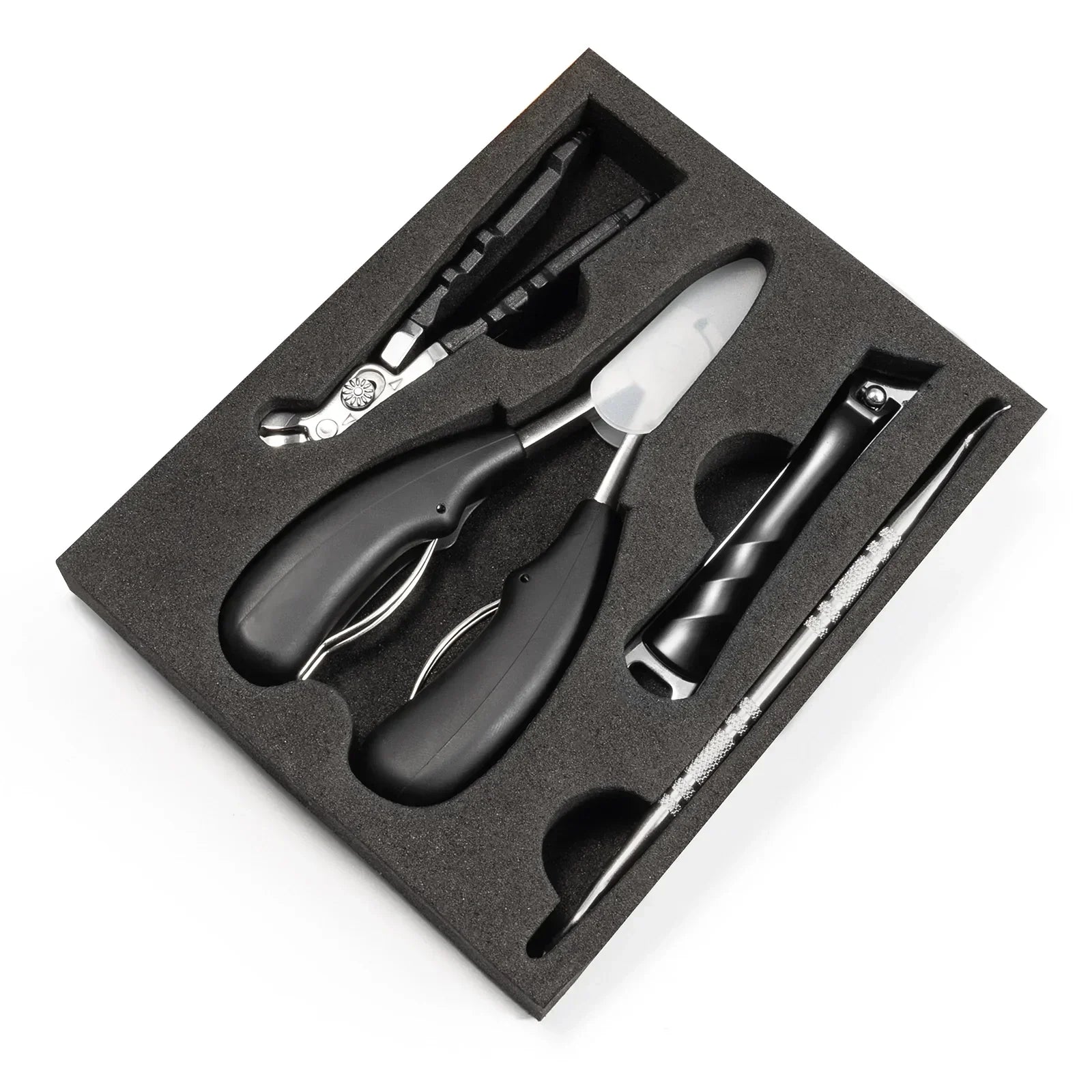 Nail trimmer set for thick nails with ergonomic black handles in foam case