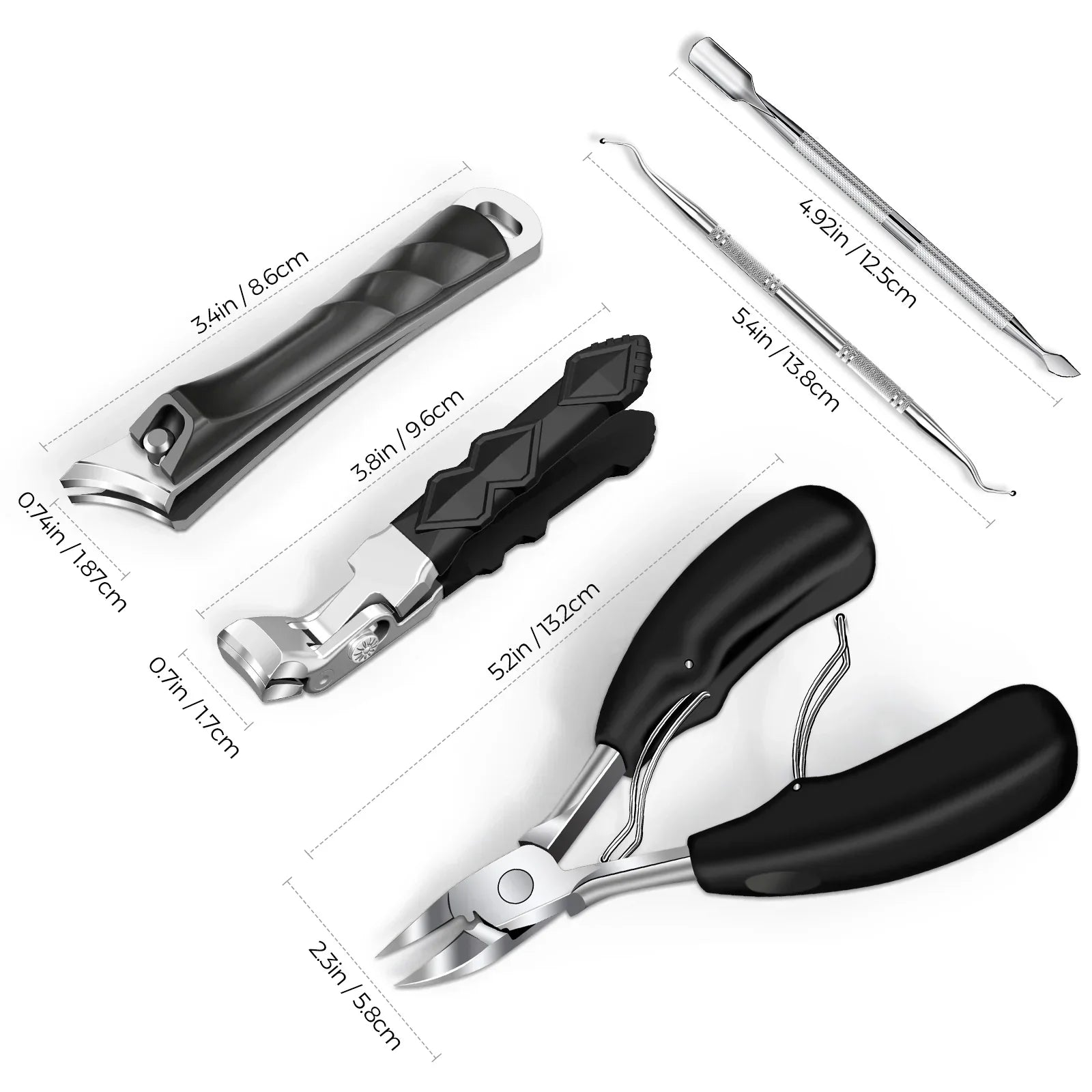 Toenail clippers set with thick nail clippers, nippers, and metal manicure tools with measurements.
