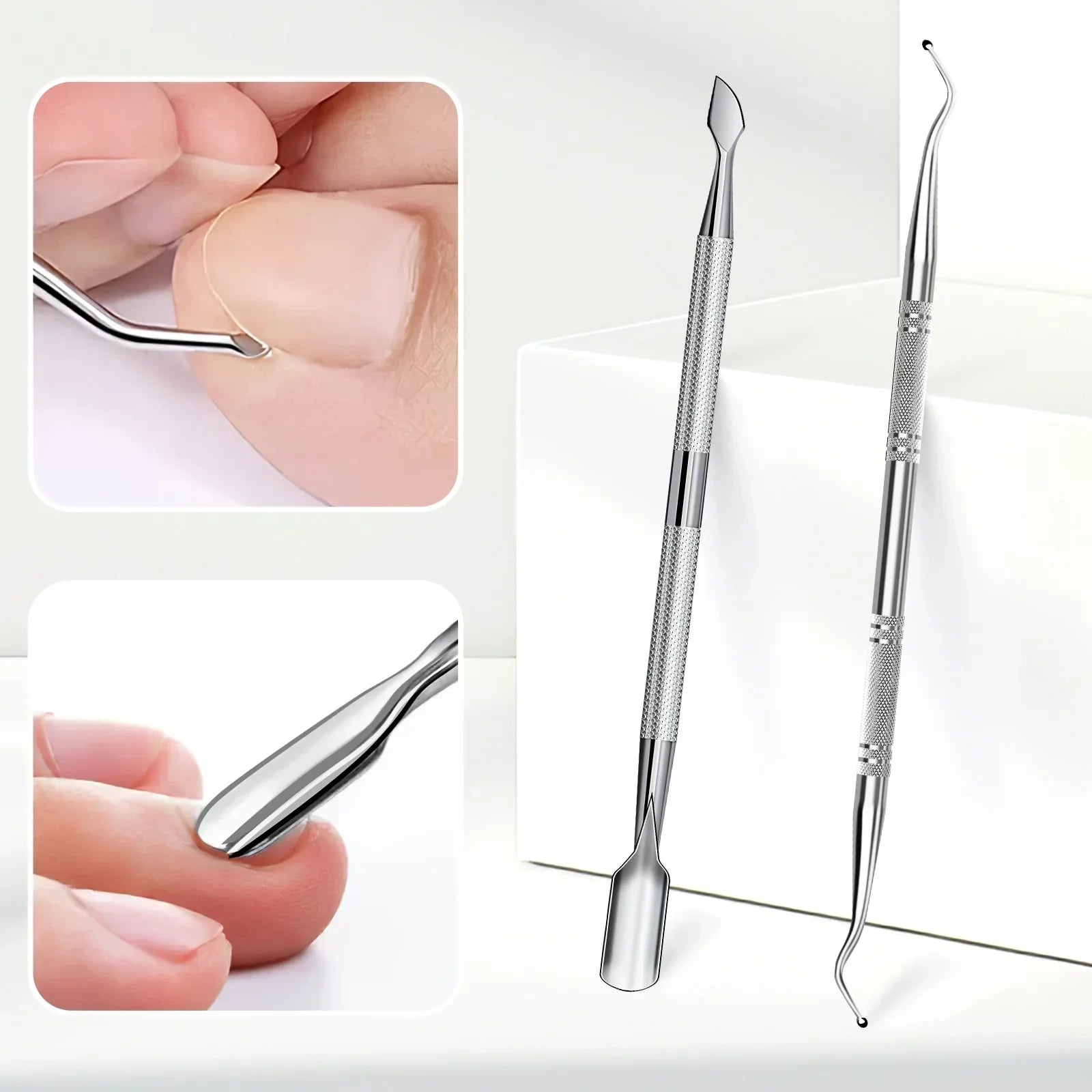 Stainless steel toenail tools for elderly, shown cleaning and trimming nails up close.