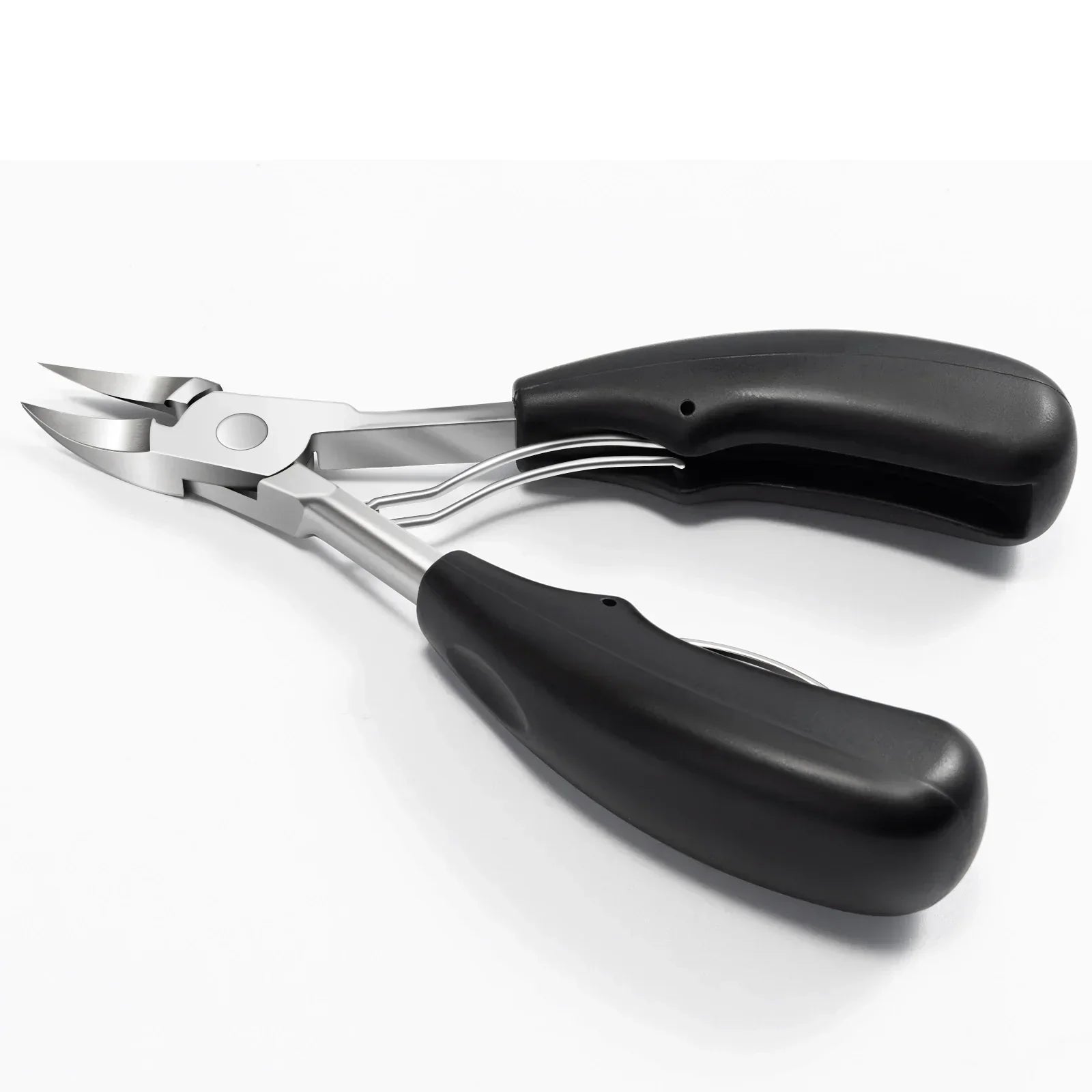 Heavy duty toenail clippers with black ergonomic handles on white background
