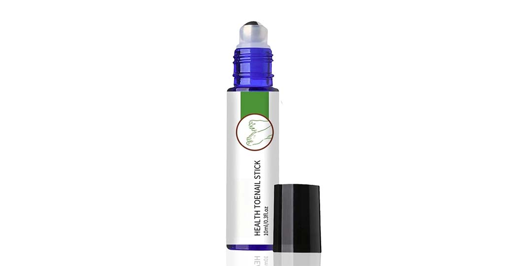Blue and white health toenail stick with rollerball applicator and black cap on white background