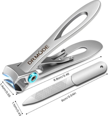 Stainless steel nail clippers and nail file with precise size measurements shown